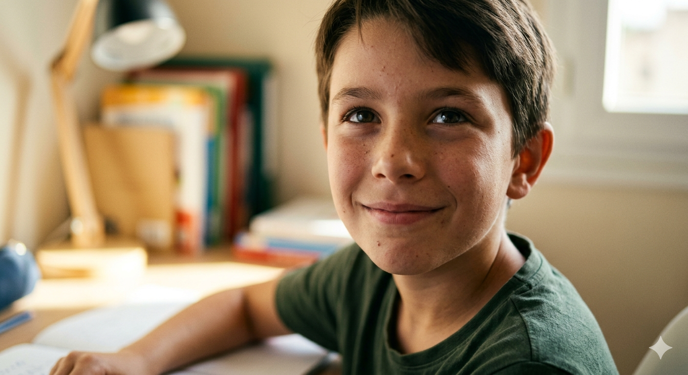 Enfant souriant à son bureau pendant ses devoirs